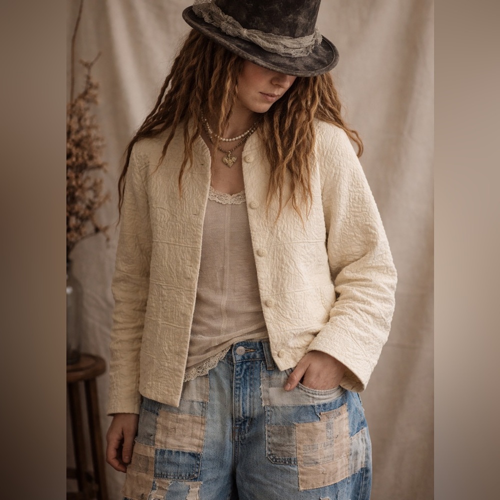 Jacket‎ Blazer Jacquard W large ivory textured Tapestry Button Up patchwork Boho